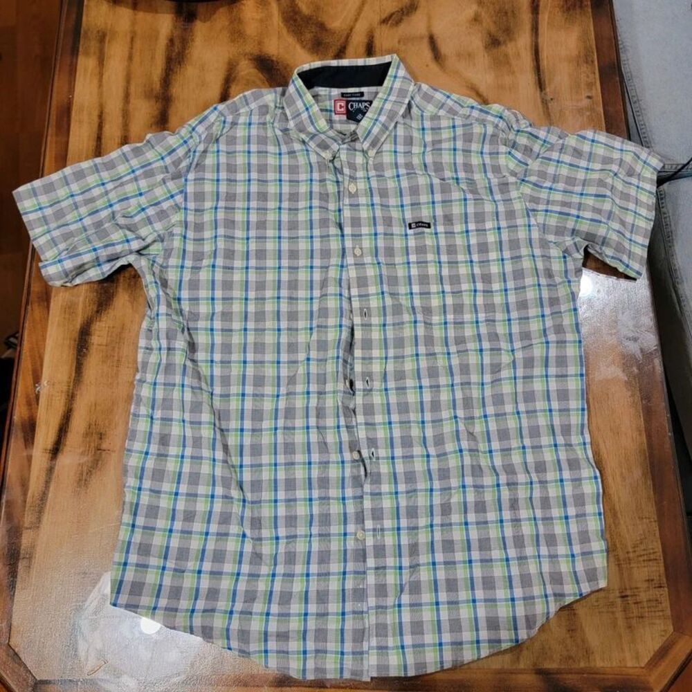Chaps Men’s XXL Easy Care Plaid Button Down Shirt Blue Green Gray